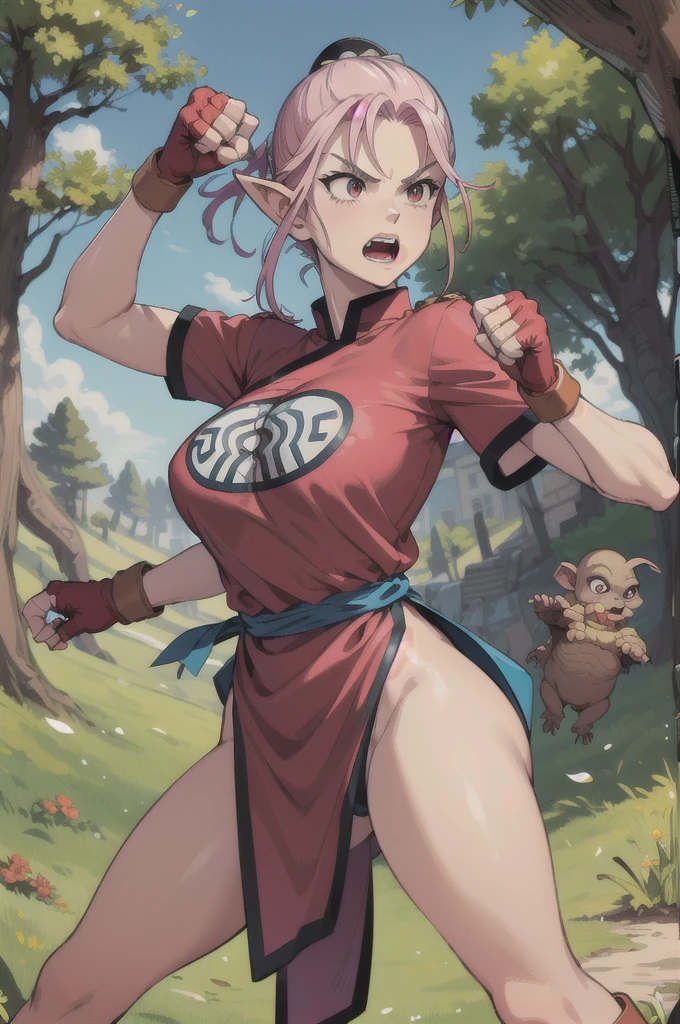 maam,big breasts,beautifuleyes,narrow waist,realistic,solo,outdoor,forest, martialMaam,pink hair,hair bun,long hair,china dress,short sleeves,sash,fingerless gloves,beautiful legs, clenched fists, (action pose,:1.1), (masterpiece, best quality:1.1), (open mouth, clenched fist, action pose,:1.1), (fight against goblin:1.5), (goblin ambush), maam, dragon quest,