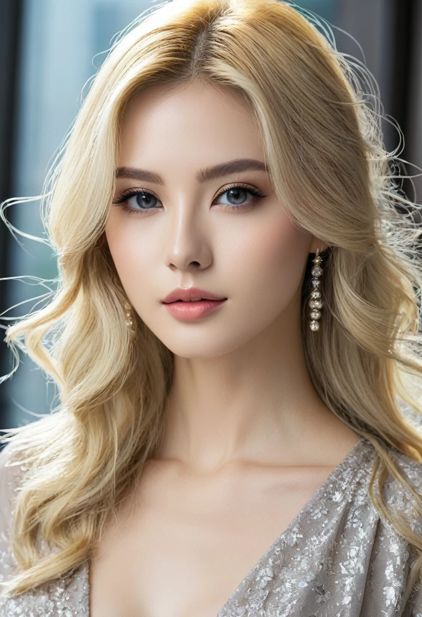 (((European Caucasian Woman)))、(((Mary, 18 years old)))、one person、(Thin contours、Grey Eye:1.5)、(Thin contours)、Big Breasts、Narrow waist、(((White and translucent skin:1.3)))、Beautiful, shiny blonde medium-long hair、8-head-tall model style、Waist-down angle、Tokyo city、