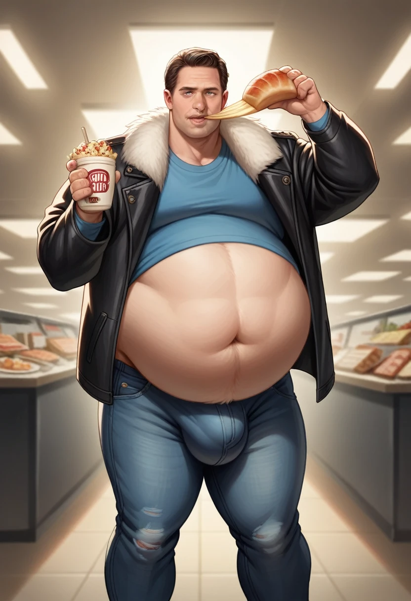 Tom Holland, Giant Belly, Big Bulge, Eating food, Bursting out of jacket, leather jacket with fur trim, long sleeves, black jeans, volumetric lighting, athletic, best quality, masterpiece, intricate details, tonemapping, sharp focus, hyper detailed, trending on Artstation, looking at viewer, realistic, Morbidly Obese.