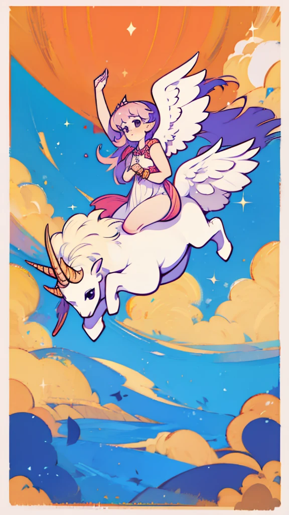 A beautiful angel is coming down from the sky with a unicorn