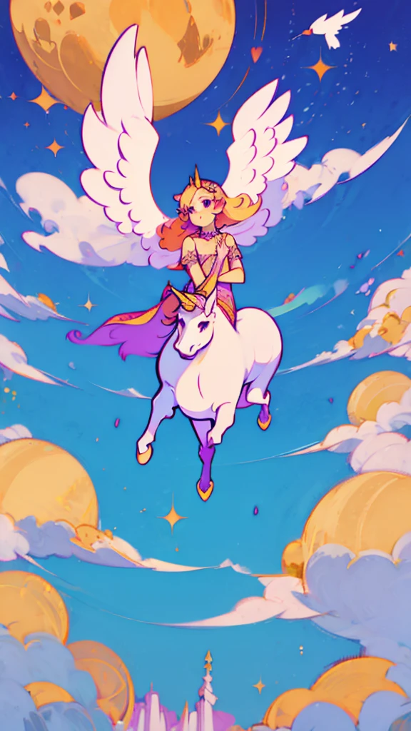 A beautiful angel is coming down from the sky with a unicorn