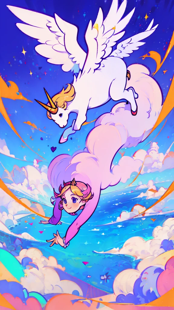 A beautiful angel is coming down from the sky with a unicorn