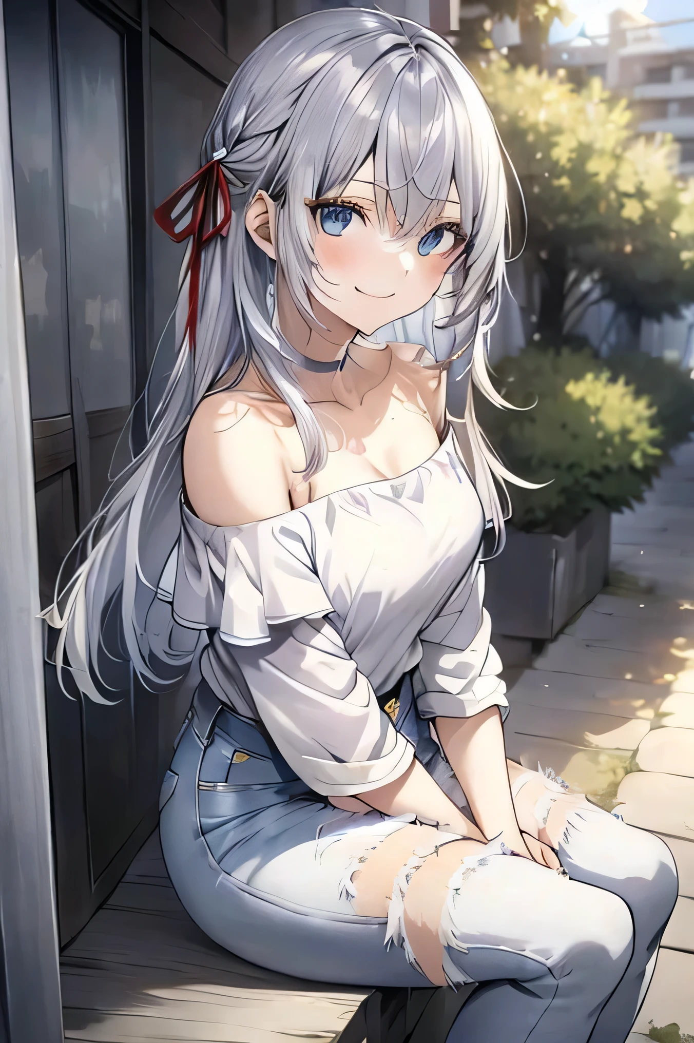 silver hair,blue eyes,Arya、Best masterpiece, anime coloring, ultra-detail, 8k、((Sitting on the open corridor))、summer, morning, sun、White off-shoulder jeans with shorts、from below、looking down、smile、silver hair,long hair,red ribbon,turime,slender,medium breasts、outdoor