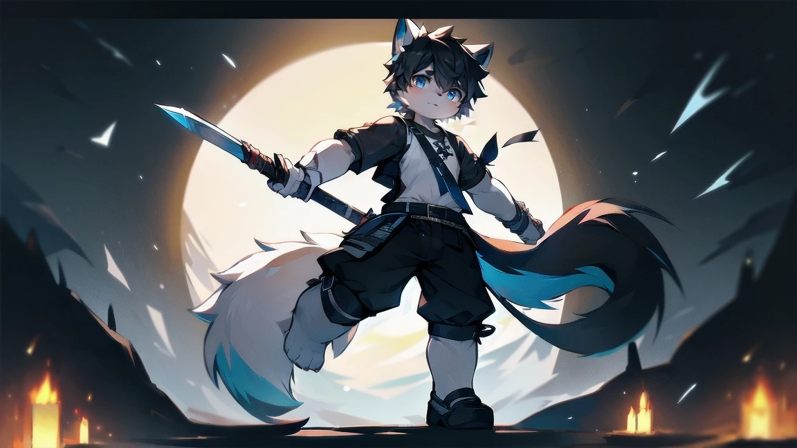 White Wolf,black hair,Sky blue eyes,hairy,Wolf ears,Wolf tail,Full body portrait,The character is in the center of the frame,Handsome,Confident eyes,male,juvenile,Black and white combat uniform,Red neck bib,Black shorts,Short sleeve,hairy arms and legs,Dark background,Dark battlefield,dawn,sunrise,dawn,illumination,shadow,Swordsman,Scabbard and sword,Hold the hilt of a sword in your hand,The scabbard is at the waist,Highest quality