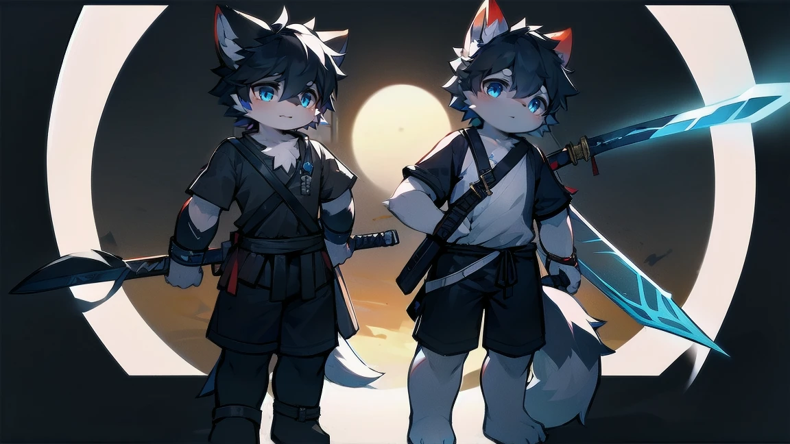 White Wolf，black hair，Sky blue eyes，hairy，Wolf ears，Wolf tail，Full body portrait，The character is in the center of the frame，Handsome，Confident eyes，male，juvenile，Black and white combat uniform，Red neck bib，Black shorts，Short sleeve，hairy arms and legs，Dark background，Dark battlefield，dawn，sunrise，dawn，illumination，shadow，Swordsman，Scabbard and sword，Hold the hilt of a sword in your hand，The scabbard is at the waist，Highest quality