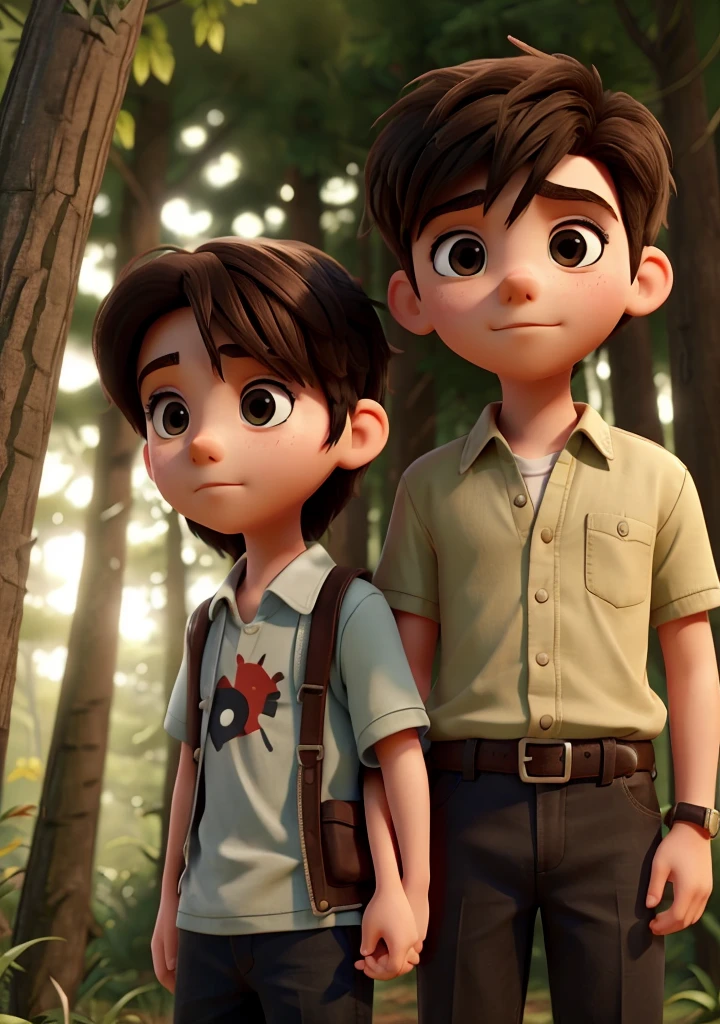 Create a photographic scene of two young people, the boy and the girl at closer angles, feeling somewhat afraid because they feel that they are being watched in the dense, dark forest. General Plan Image and bright colors.