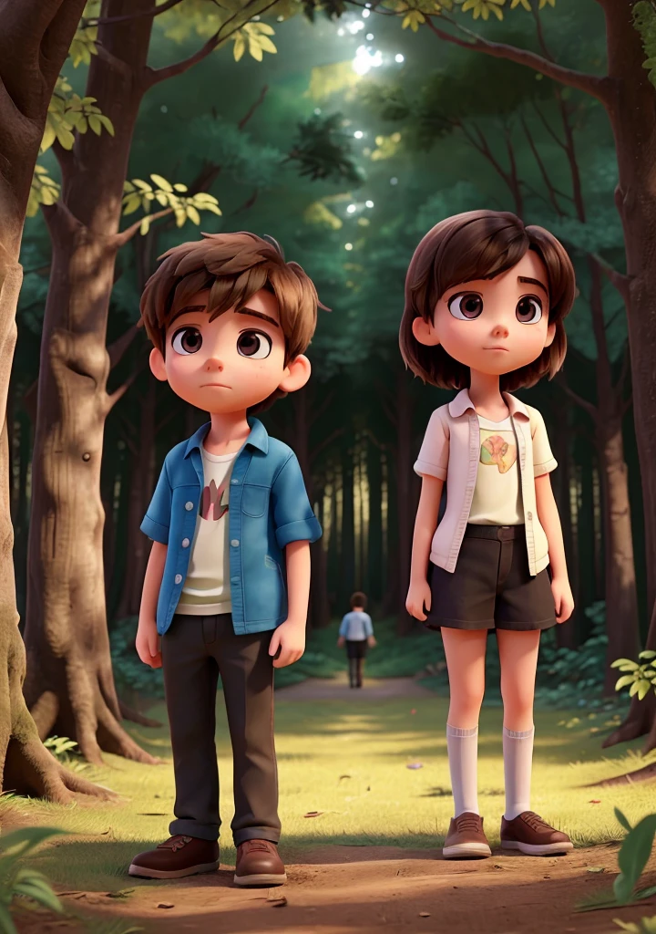 Create a photographic scene of two young people, the boy and the girl at closer angles, feeling somewhat afraid because they feel that they are being watched in the dense, dark forest.  General Plan Image and bright colors.