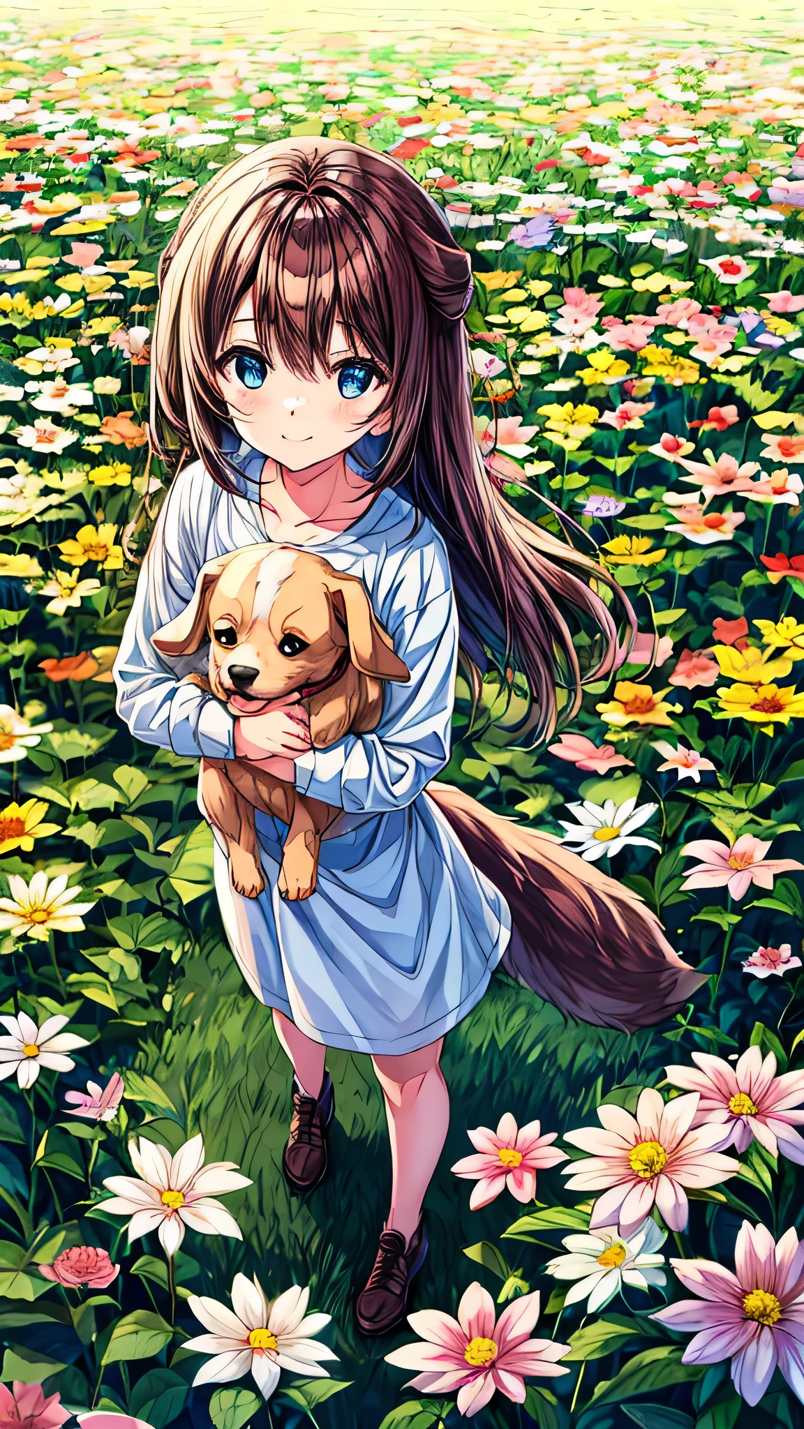 Cute standing in a flower field holding a dog