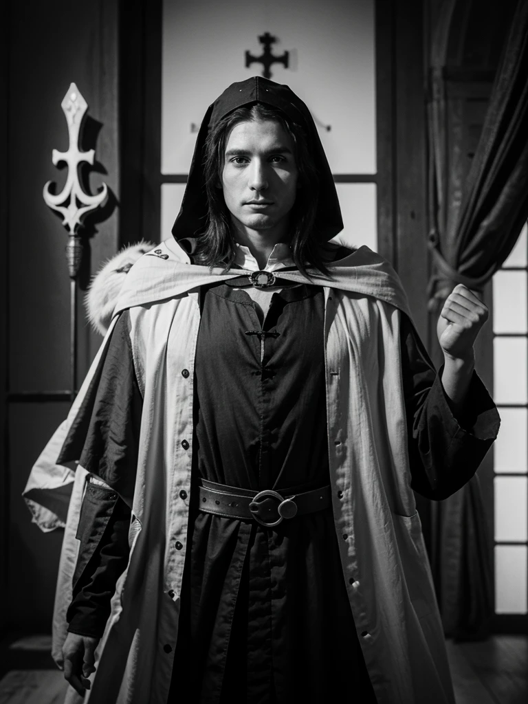 Medieval doctors and Death, people in I paid, Black and white image, medical symbols