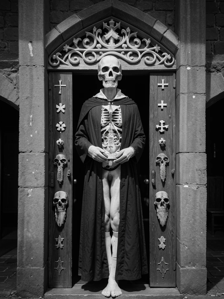 Medieval doctors and Death, people in I paid, Black and white image, medical symbols