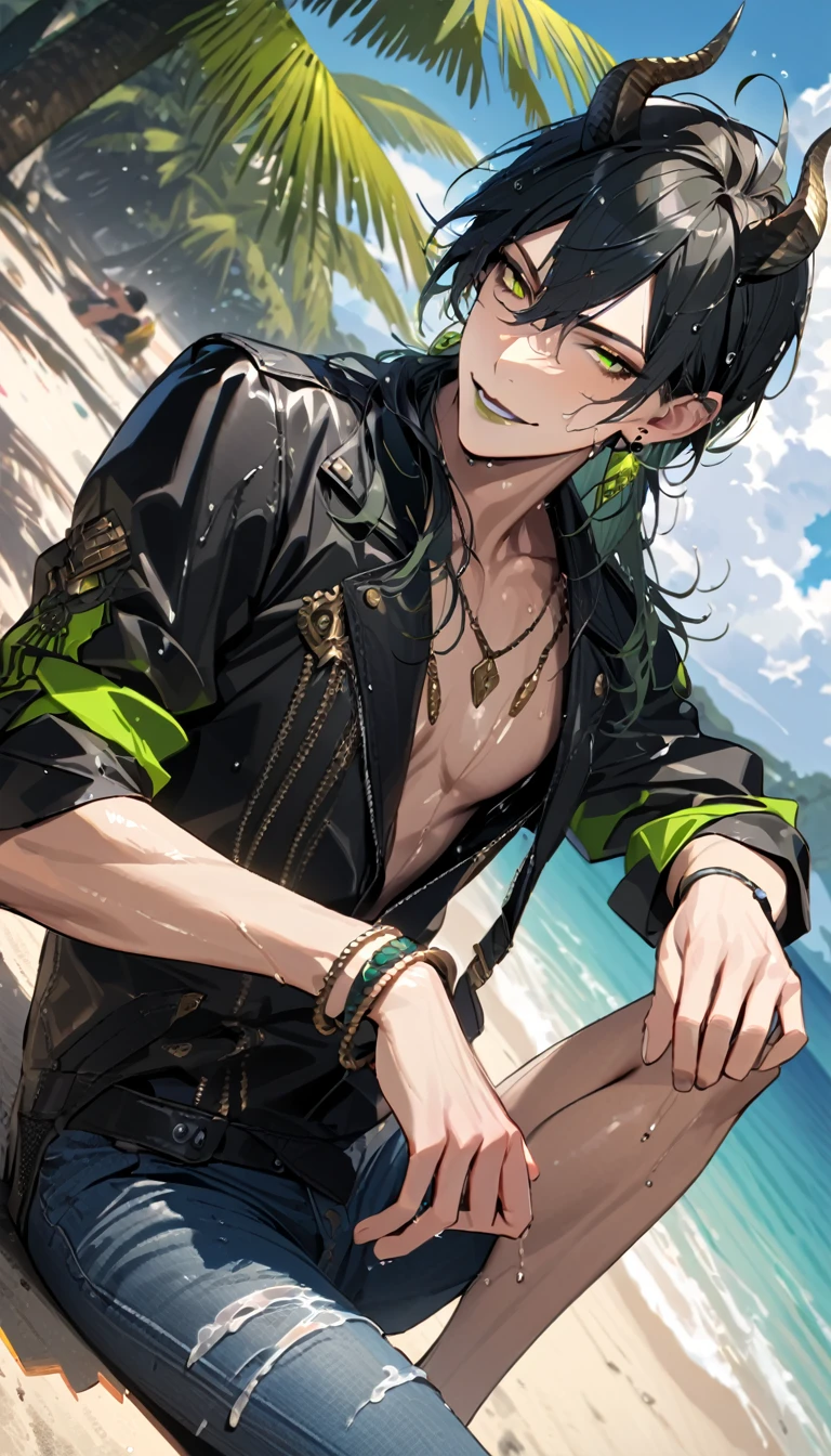 masterpiece, highres, absurdres, illustration, ((masterpiece:1.4, best quality)), (Ultra detailed background), 1boy, handsome man, highly detailed beautiful face and eyes, beautiful eyes, (sharp detail:1.3), shiny, earrings, bracelet, (wet clothes:1.3), Shirts, Bari, Cebu Island, plumeria, near the beach, dynamic angle, 1boy, sitting on floor, topless, black leather jacket, jeans, dynamic angle, malleus draconia (twisted wonderland) horns, bishounen, boy, male, yana Toboso style, long hair, black hair, yellow green eyes, smile, gray lips, handsome, skinny, tall, yellow green glow,