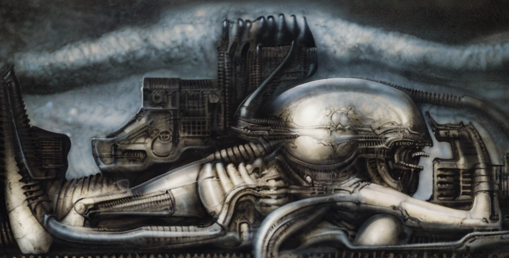 The image is a detailed view of H.R. Giger's biomechanical tableau \" Landscape XVI \" plate, featuring.
(airbrush painting, Giger's alien in front of broken alien ship in landscape, natural light, sharp focus, illustration, highly detailed, digital painting, concept art, matte, art by gric and kozhanov and moebius and Alphonse Mucha, masterpiece, HDR ,UHD , uplight, in HRGigerArhP style);1.
surrealistic painting of a monster with multiple tentacles and a body that looks like a brain, surrounded by a chaotic scene of swirling clouds and other monsters
It's a complex network of bones and organs in eldritch color scheme:a greenish-brown hue ,swirling gery and brown colors. The artwork is silverish and green brown, with an ivory bones prominently displayed. The image is highly detailed and intricate, almost like a 3d version of a medical sketchwork.
The piece is a tableau, most likely created with a India ink pen or pencil on paper, determined by the thin lines, shading techniques, and the texture of the paper, which is visible around the edges.
Used is pen, given the shading and variations in line weight visible in the image. Artist have used a variety of stylus with different degrees of hardness to achieve the shading effects.
The use of undersaturated green-grays dark contrasts creates a stark and graphic look. Is used a variety of linework techniques to create different textures. Fine, parallel lines create a smooth, metallic texture,while thicker, more cursive lines suggest cables or wires.
Light source from the top highlights skeletals, pper part of foreground, lower part of image is in shadowupper part of foreground, lower part of image is in shadow.
The art performance showcases the artist’s skills in observation and rendering. The level of detail in the piece suggests a close study of real bone specimens and mechanics. The artist has skillfully used shading techniques to create a convincing illusion of three-dimensionality on a flat surface. The wrinkles