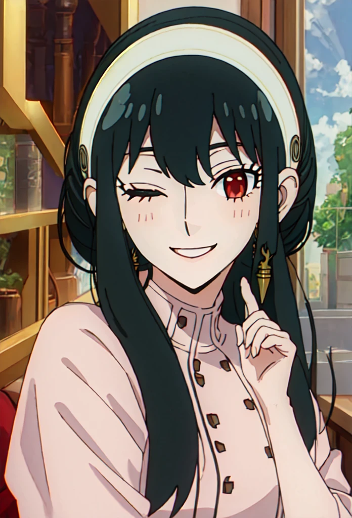 best quality, masterpiece, highres, solo, {yor_briar_spyxfamily:0.90}, smile, happy, one_eye_closed, portrait, looking at viewer