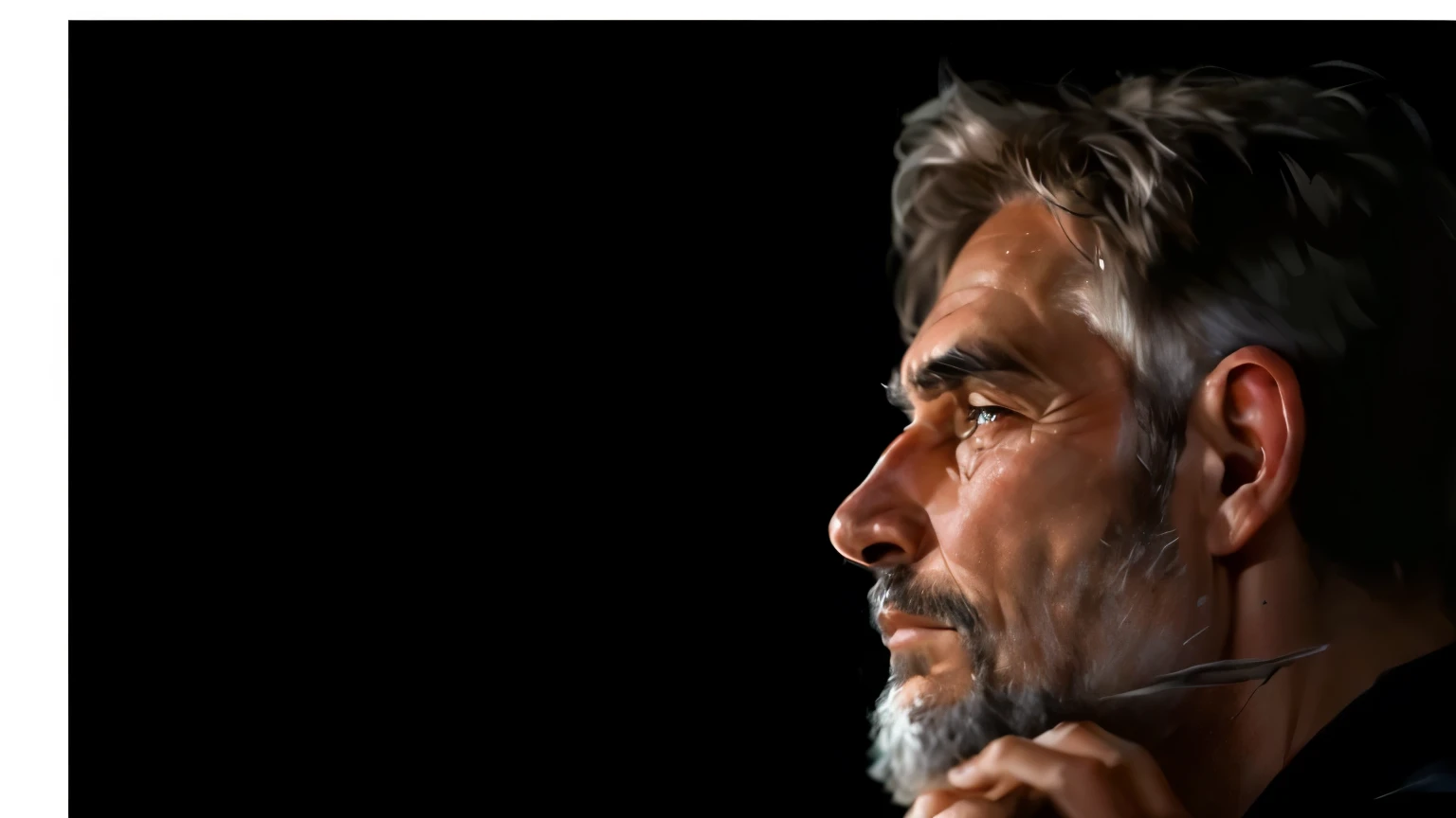 Middle-aged man with a chiseled face, piercing eyes and stubble. His features reflect a life of deep thought and experience. charismatic. Semi-arid environment.