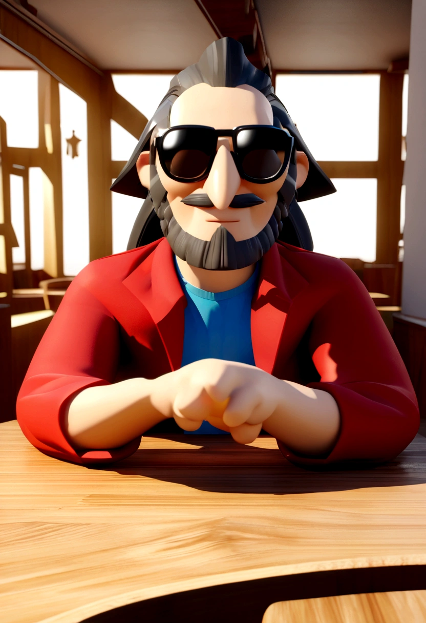 Cartoon character of a man in sunglasses and blue shirt, animation character, stylized character, animation style rendering, 3d stylized, Arnold Maya rendering, Stylized 3D rendering, toon render screenshot, 3d character, 3d character, Stylized 3D rendering, 3D character rendering, cartoon character, Personagem de close up, character posing,  (Pixar-style) (master part:1.2) (bokeh) (best qualityer) (skin detailed) (detailed texture) (8K) (Argilla) (cinematic lighting) (sharp focus. Create a Disney Pixar style character, where I am 44 years old male, white itinia, greeneyes, dark hair, large nose, sitting in front of a table. light background and red t-shirt. with beard.