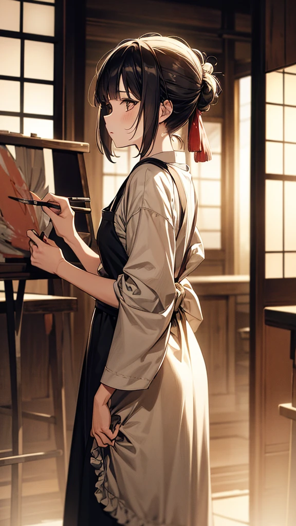 . RAW Photos, Professional Lighting, 1. Japanese female artists, Creative look, Atelier, Holding a paintbrush, Stand in front of the canvas, Apron appearance, Hair tied up, Backlight, Artistic atmosphere, Calm colors, Sharp details, Passionate gaze