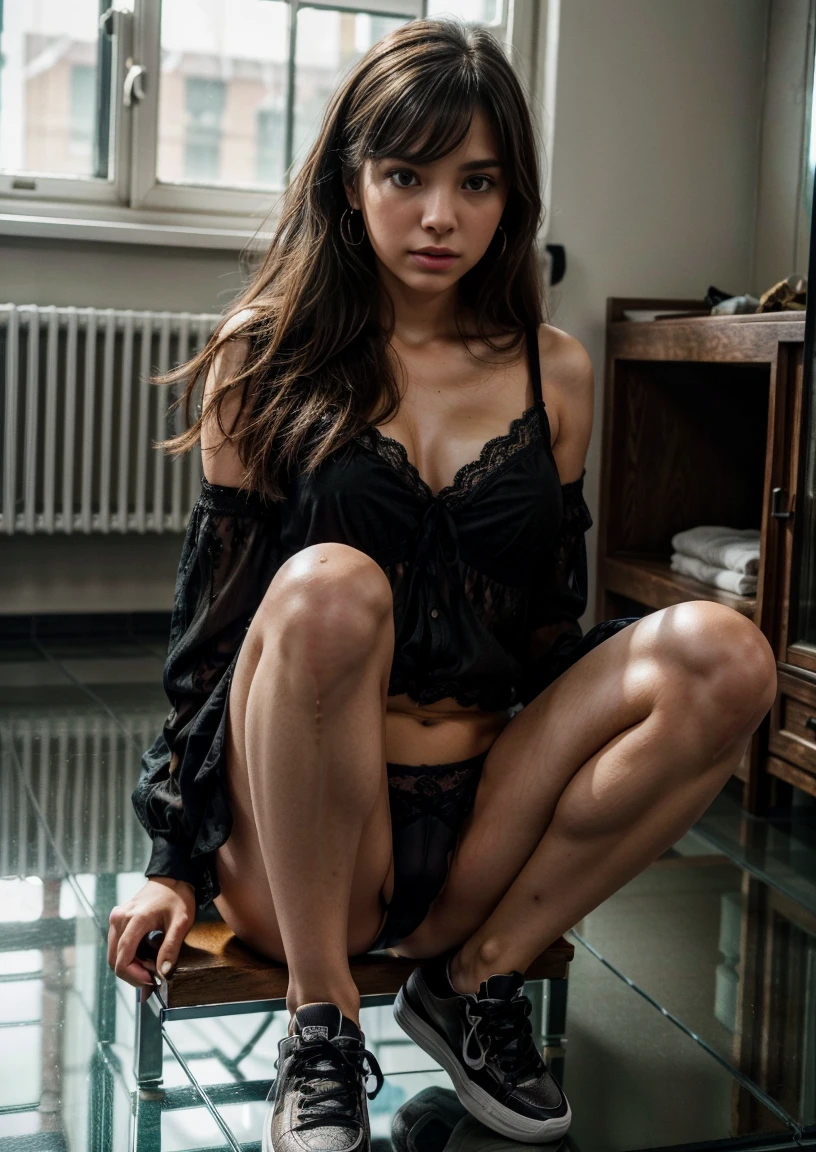 Argentine university student、(Inside a room)、((glass floor))、real magic mix、(photo and gross:1.2)、(photorealistic:1.4)、The beauty of beautiful details. delicate expression、((panties are visible))(squat bench)earrings eyelashes Beautiful and fine details、Large file size、ultra detailed、high resolution、transcendental beauty of the highest quality、Masterpiece、Extremely detailed representation grow、In detail、Highly detailed cinematic facial lighting、22 year old girl、brunette hair, grey eyes, positive、((dynamic pose)))、(Sit with your knees bent))、(black lace blouse、pleated skirt、sexy angry sneaker up、(While wearing black panties showing to the camera))、