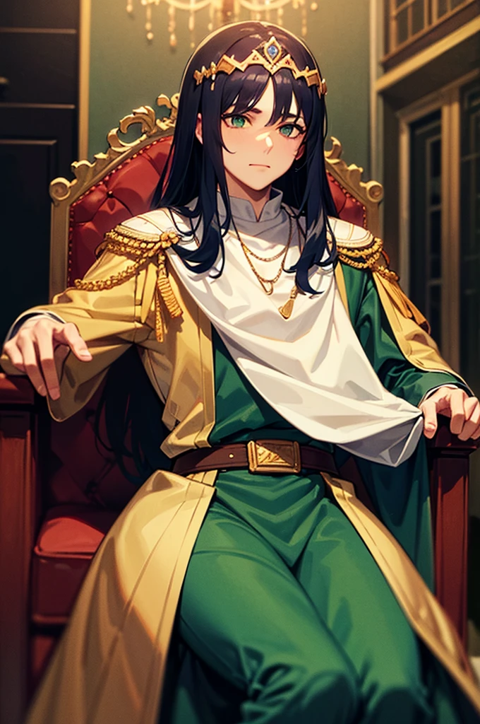 A man with dark blue hair, green eyes, He is 40 years old, is older. He wears a crown and is on a throne