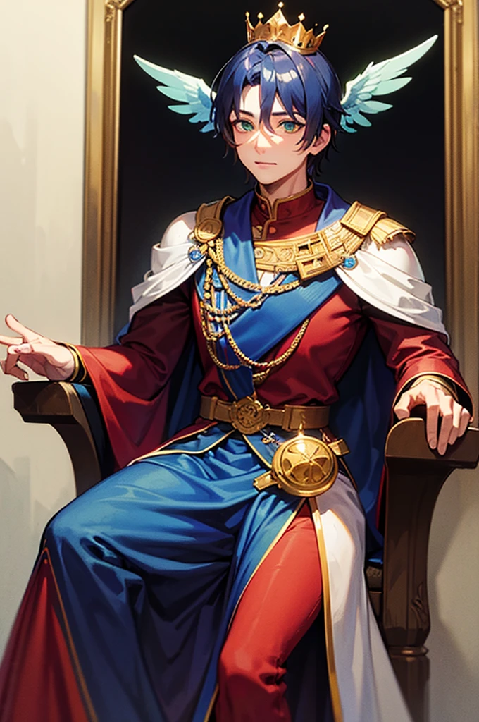 A man with dark blue hair, green eyes, He is 40 years old, is older. He wears a crown and is on a throne