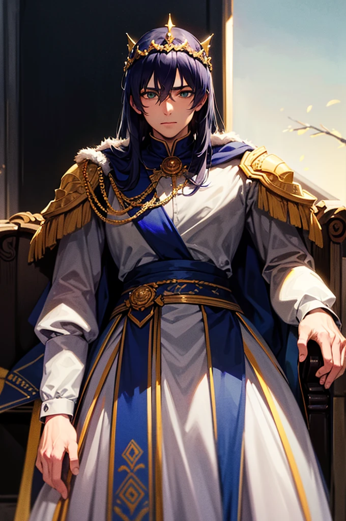 A man with dark blue hair, green eyes, He is 40 years old, is older. He wears a crown and is on a throne