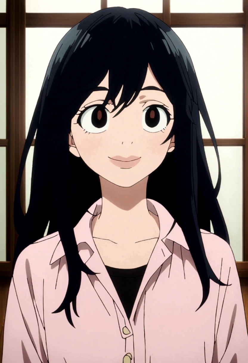 Tokyo revengers screencap of a female Short shoulder-length black hair in front of her hair down to her cheek, round pink, with big lips, and black doe eyes, smiling, Greek nose, wearing a loose button-up shirt. Liden films Graphics