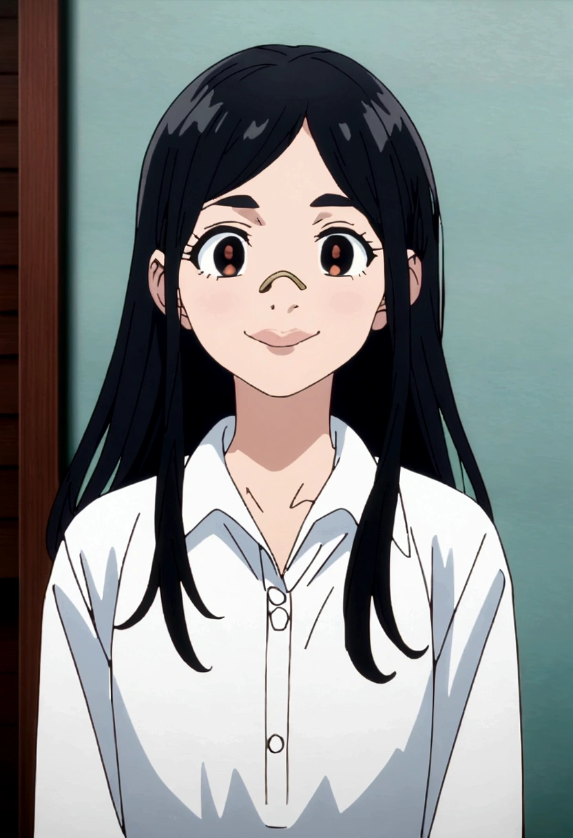 Tokyo revengers screencap of a female Short shoulder-length black hair in front of her hair down to her cheek, round pink, with big lips, and black doe eyes, smiling, Greek nose, wearing a loose button-up shirt. Liden films Graphics