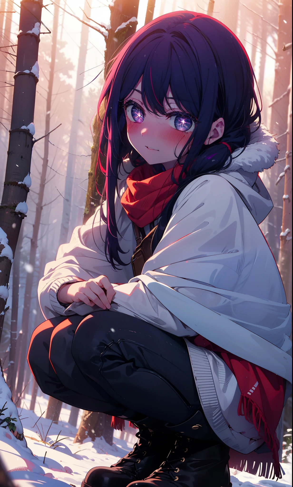 aihoshino, Ai Hoshino, Long Hair, bangs, (Purple eyes:1.1), Purple Hair, (Symbol-shaped pupil:1.5), smile,,smile,blush,White Breath,
Open your mouth,snow,Ground bonfire, Outdoor, boots, snowing, From the side, wood, suitcase, Cape, Blurred, , forest, White handbag, nature,  Squat, Mouth closed, Cape, winter, Written boundary depth, Black shoes, red Cape break looking at viewer, Upper Body, whole body, break Outdoor, forest, nature, break (masterpiece:1.2), Highest quality, High resolution, unity 8k wallpaper, (shape:0.8), (Beautiful and beautiful eyes:1.6), Highly detailed face, Perfect lighting, Extremely detailed CG, (Perfect hands, Perfect ???????),