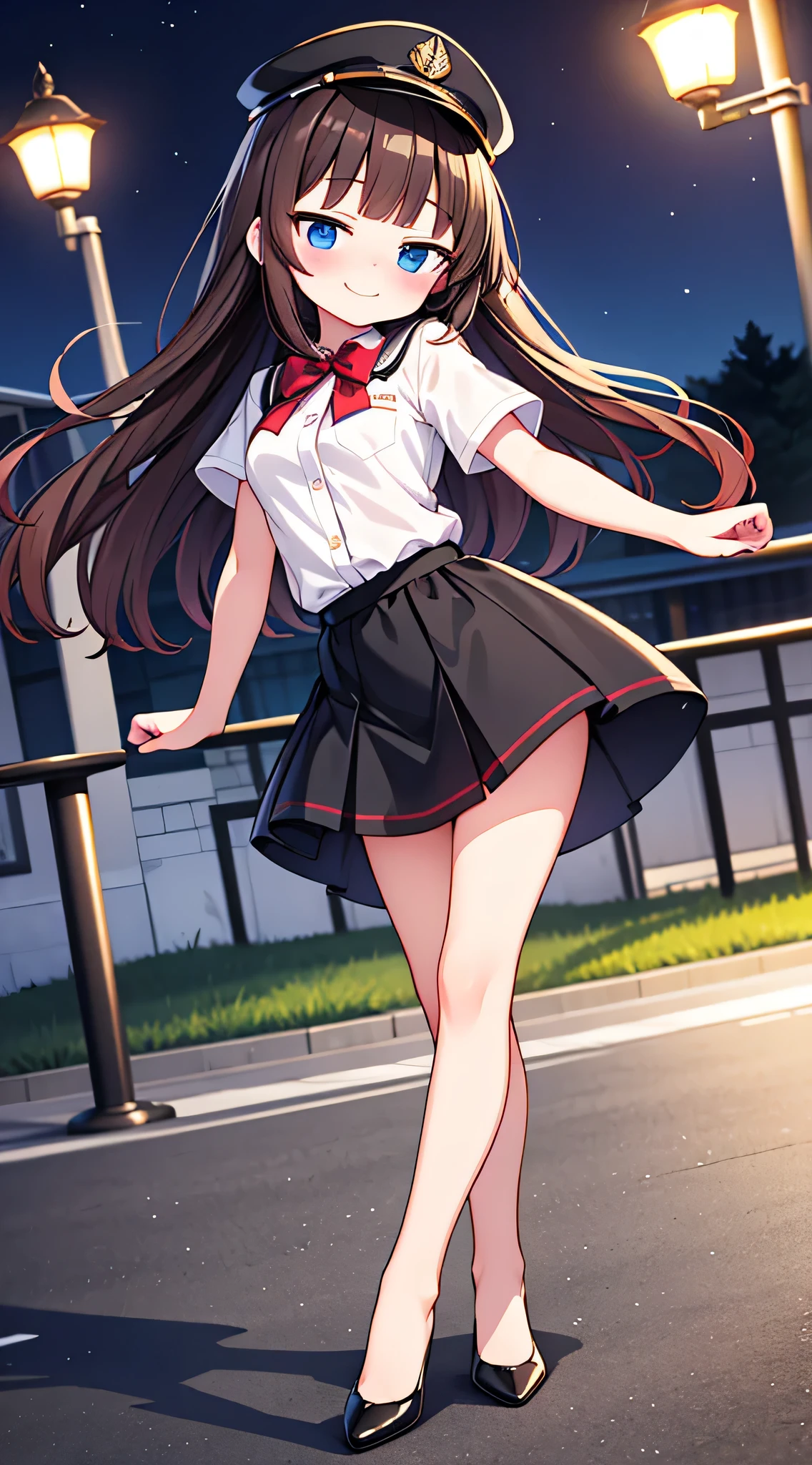 {Highest quality}, {Super beautiful},{Ultra fine},{Best illustration},Brown Hair,Hime cut,semi-long,Bangs,Standing Woman,Uniform cap,White Shirt,Short sleeve,Long black skirt,Night Park,Embarrassed,smilingly,Blushing,Slender women, A woman wearing plain black pumps,Bare feet and pumps,From an angle,From above,pose