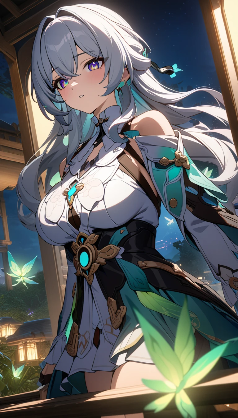 ((masterpiece, best quality)), very aesthetic, ultra detailed, intricate details, highly detailed, UHD, HDR, 8K, perfect face, firefly, honkai star rail, large breast, balcony, night, atmosphere, detailed background, neat and clean, thin lines, vibrant environment background, (newest anime art style)