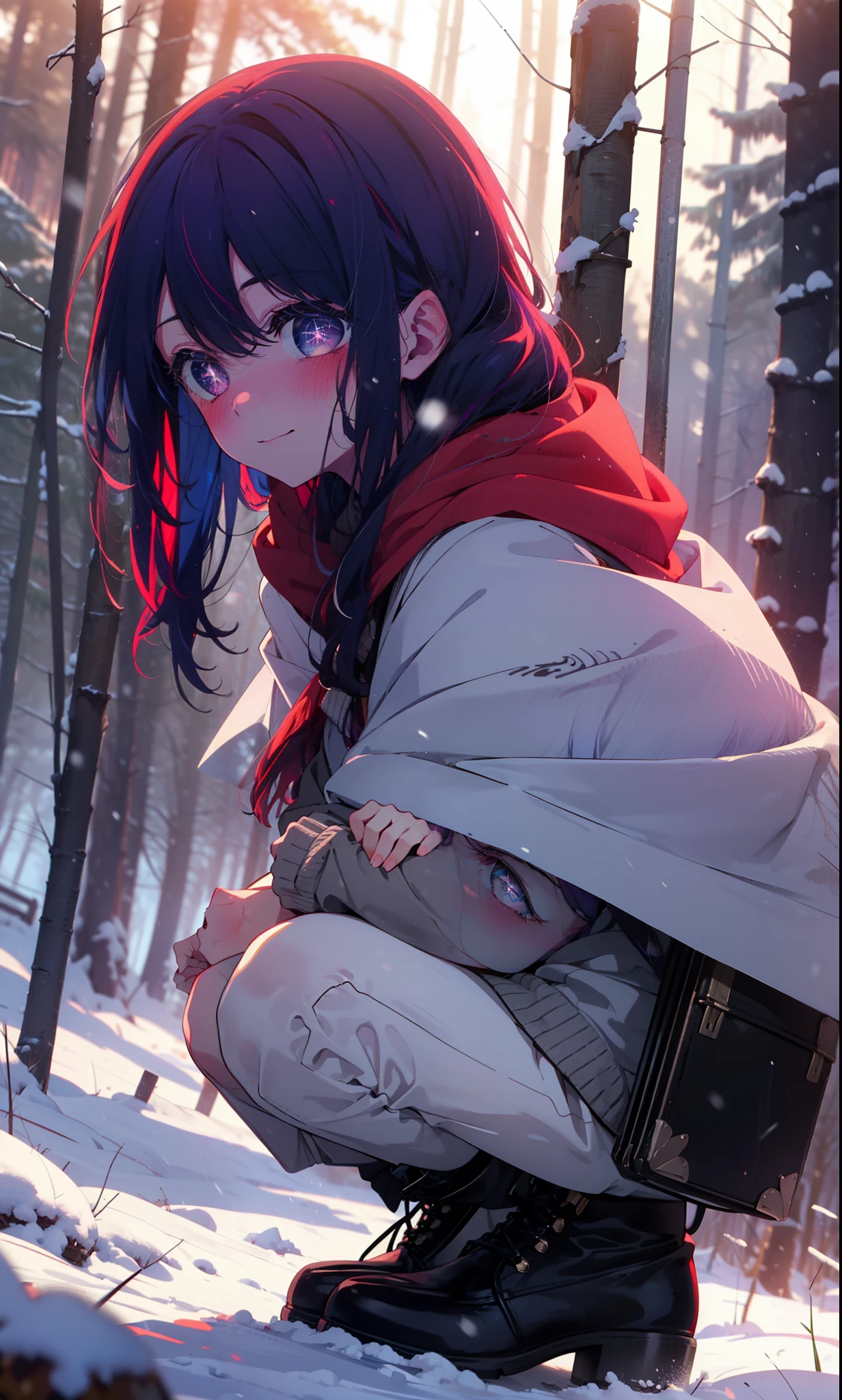 aihoshino, Ai Hoshino, Long Hair, bangs, (Purple eyes:1.1), Purple Hair, (Symbol-shaped pupil:1.5), smile,,smile,blush,White Breath,
Open your mouth,snow,Ground bonfire, Outdoor, boots, snowing, From the side, wood, suitcase, Cape, Blurred, , forest, White handbag, nature,  Squat, Mouth closed, Cape, winter, Written boundary depth, Black shoes, red Cape break looking at viewer, Upper Body, whole body, break Outdoor, forest, nature, break (masterpiece:1.2), Highest quality, High resolution, unity 8k wallpaper, (shape:0.8), (Beautiful and beautiful eyes:1.6), Highly detailed face, Perfect lighting, Extremely detailed CG, (Perfect hands, Perfect Anatomy),