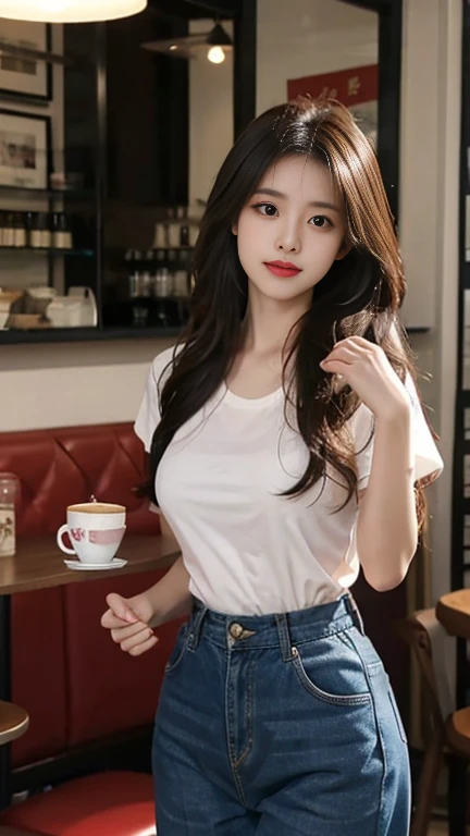 1 Girl,Cafe,Soft Light,Chinese Beauty,Tight Fit,Short sleeve,Trousers,Dark-haired,long hair