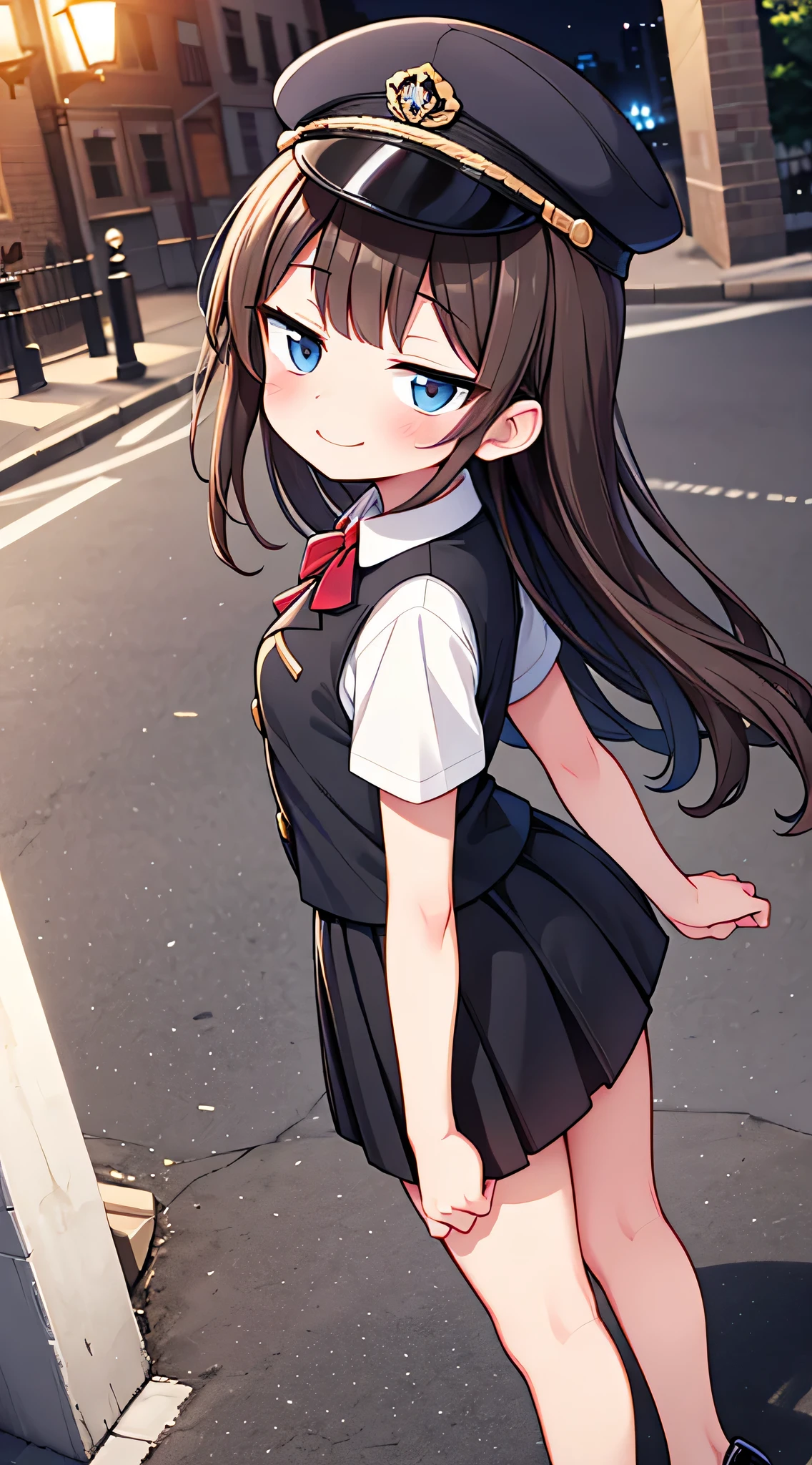 {Highest quality}, {Super beautiful},{Ultra fine},{Best illustration},Brown Hair,Hime cut,semi-long,Bangs,Standing Woman,Uniform cap,White Shirt,Short sleeve,Long black skirt,Night Park,Embarrassed,smilingly,Blushing,Slender women, A woman wearing plain black pumps,Bare feet and pumps,From an angle,From above,pose