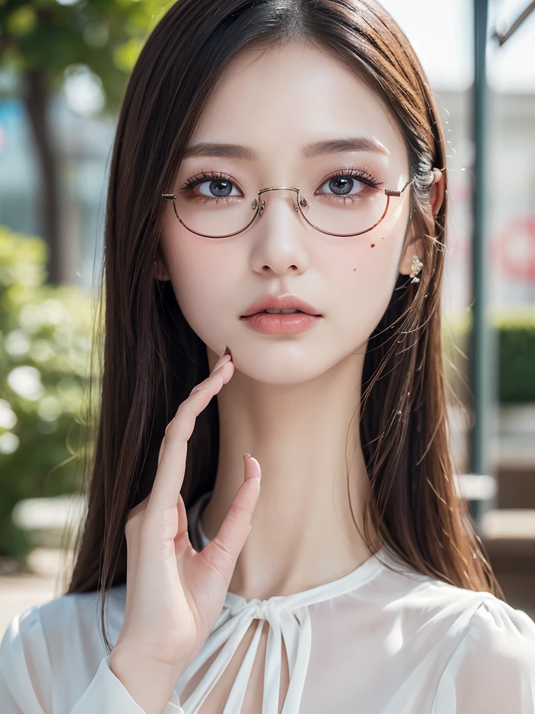 elegant woman in white blouse, beautiful detailed eyes, beautiful detailed lips, extremely detailed eyes and face, long eyelashes, slender body, thin face, delicate features, flawless porcelain skin, glistening sweat, ultra-thin hands, ultra-fine fingers, best ratio four finger and one thumb, realistic, see-through white blouse, amusement park, one-person viewpoint, Fuji Film, F/1.2, 8K, masterpiece, nffsw, super detail, high quality, best quality, high resolution, glasses, (((a mole under right eye))), model pose