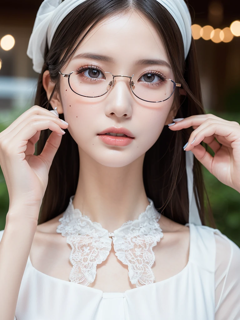elegant woman in white blouse, beautiful detailed eyes, beautiful detailed lips, extremely detailed eyes and face, long eyelashes, slender body, thin face, delicate features, flawless porcelain skin, glistening sweat, ultra-thin hands, ultra-fine fingers, best ratio four finger and one thumb, realistic, see-through white blouse, amusement park, one-person viewpoint, Fuji Film, F/1.2, 8K, masterpiece, nffsw, super detail, high quality, best quality, high resolution, glasses, (((a mole under right eye))), model pose