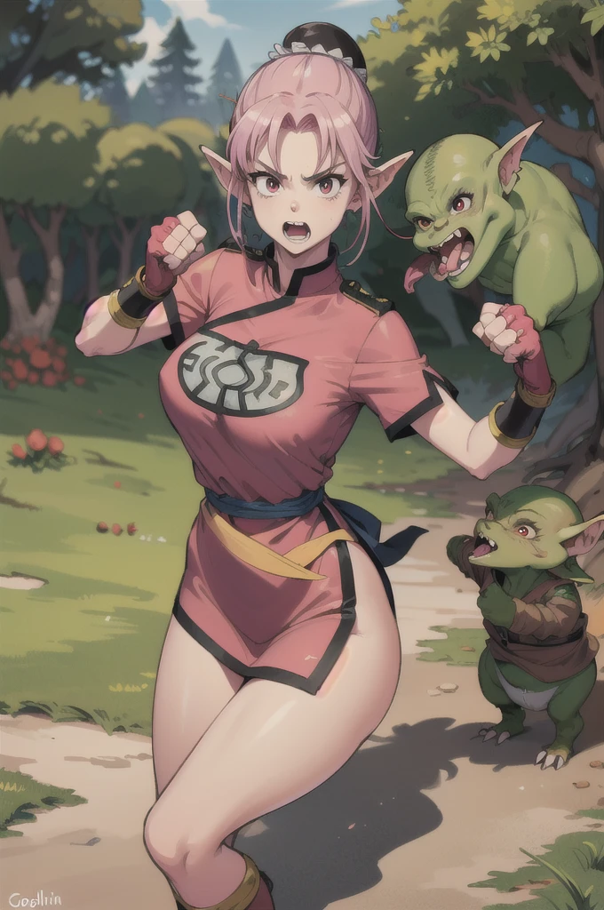 maam,big breasts,beautifuleyes,narrow waist,realistic,solo,outdoor,forest, martialMaam,pink hair,hair bun,long hair,china dress,short sleeves,sash,fingerless gloves,beautiful legs, clenched fists, (action pose,:1.1), (masterpiece, best quality:1.1), (open mouth, clenched fist, action pose,:1.1), ((fight against goblin:1.5)), (goblin ambush), maam, dragon quest,