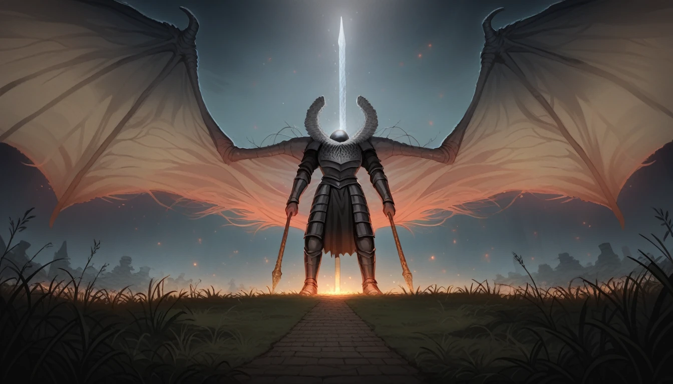 dark fantasy aestetics, elden ring, elden ring style dark night, dim light, huge wings made of grey and blue fire, death knight, black armour, knnighy covered in grey fire, ornamented armour, beautiful armour, horrifing beauty, standing with the gungnir spear, big grass field on the background, dark fantasy, horror, dnd, atmospheric perspective, perspective, wide shot, 4K, 8k, highres, high quality, masterpiece, best quality