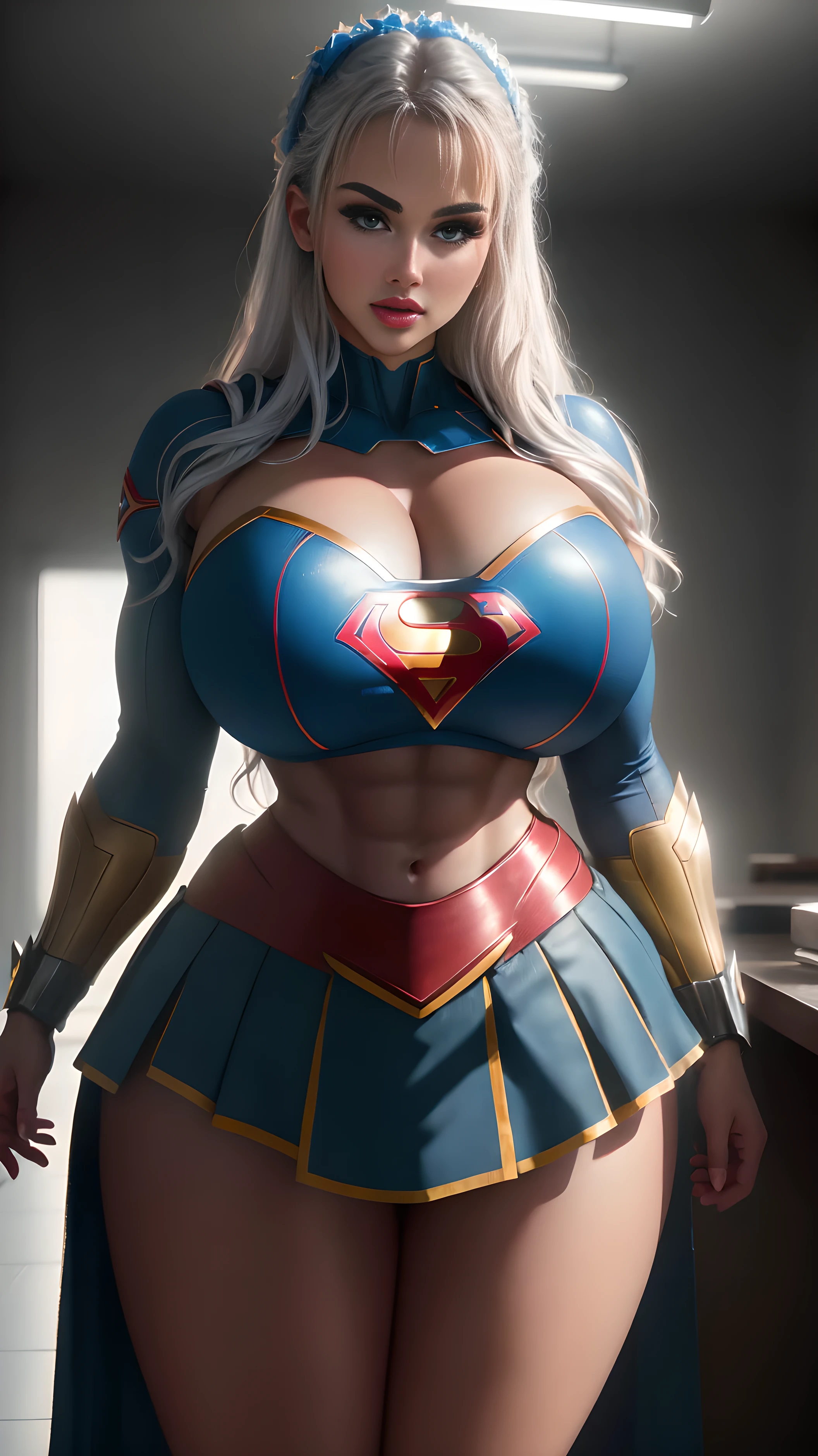 fluorescent lighting, casual, photographed on a Canon EOS R5, 85mm lens, F1.4 aperture, (hyperdetailed, intricately details), lifelike texture, photorealistic, HDR, 8k, absurdres, cinestill 800, sharp focus illuminates a stunningly detailed and ultra-realistic Supergirl, superhero, skirt,bodybuilder, muscular, super strong, that is trending on ArtStation. Octane is the perfect tool to capture the softest details of this 16k photography masterpiece