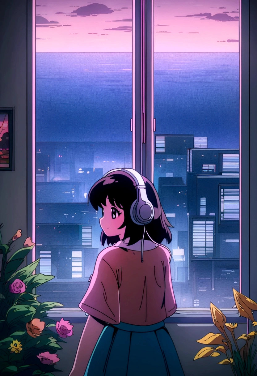 Anime girl wearing headphones looking out the window at the city, Lo-fi Girl, Anime atmosphere, Lofi Artstyle, Anime Style 4k, Anime Aesthetics, Nightcore, Lo-fi feeling, Lofi Art, anime art wallpaper 4k, anime art wallpaper 4k, anime wallpaper 4k, anime wallpaper 4k, An atmosphere of praise