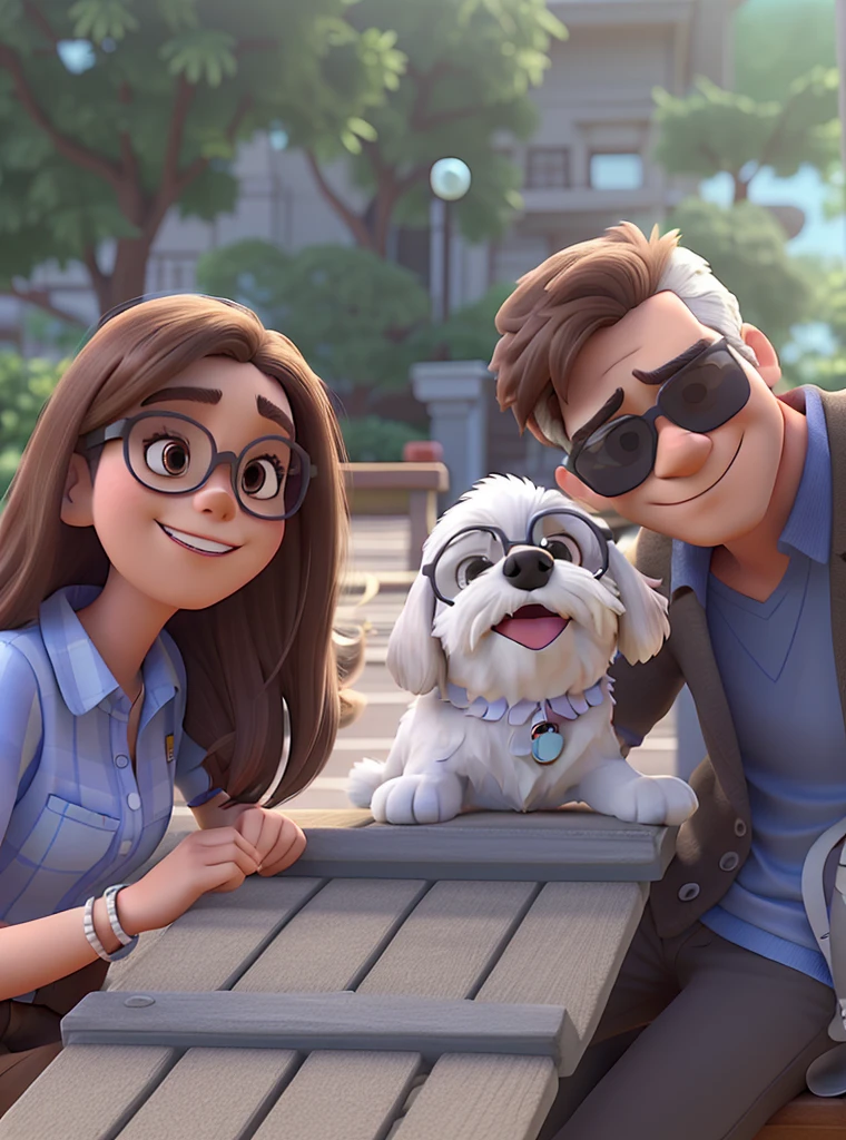 couple man and woman with sunglasses and white and brown shihtzu dog without glasses in Disney Pixar style, high qualiy, best qualityer