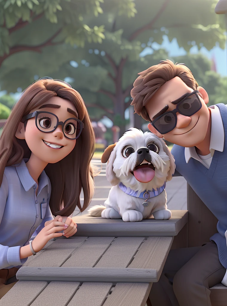 couple man and woman with sunglasses and white and brown shihtzu dog without glasses in Disney Pixar style, high qualiy, best qualityer