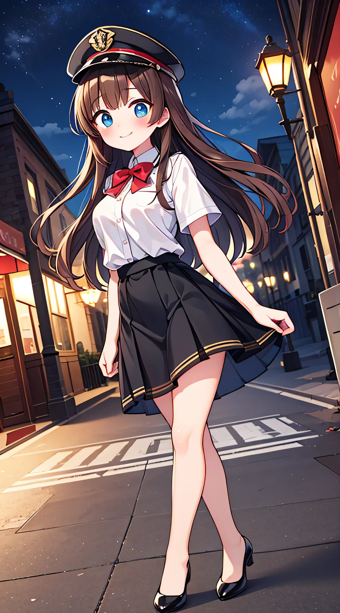 {Highest quality}, {Super beautiful},{Ultra fine},{Best illustration},Brown Hair,Hime cut,semi-long,Bangs,Standing Woman,Uniform cap,White Shirt,Short sleeve,Long black skirt,Night Park,Embarrassed,smilingly,Blushing,Slender women, A woman wearing plain black pumps,Bare feet and pumps,From an angle,From above,