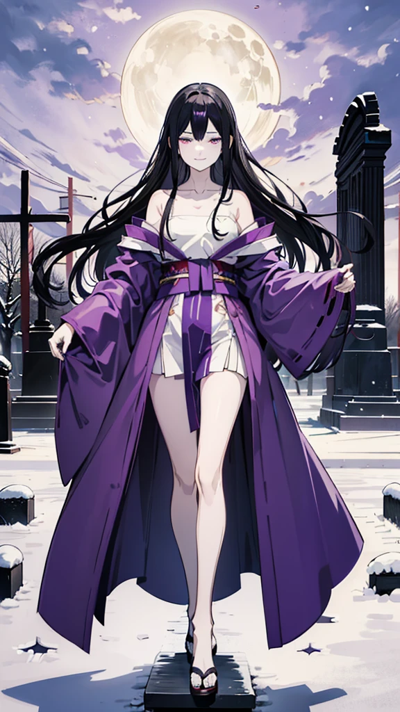 (Highest quality), (masterpiece),Black Hair, Purple Eyes, Purple kimono, Exposing shoulders, ,Fair skin, Long Hair, Long Bangs,  Small breasts, Confused eyes, snow, sexy, Cemetery, Cross Grave, jitome, evil grin smile, indian style, half closed eyes, Off Shoulder, ass pov, pale skin, flat chest, wavy hair