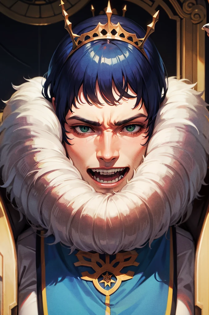 A man with dark blue hair, green eyes, He is 40 years old, is older. He wears a crown and is on a throne . evil face