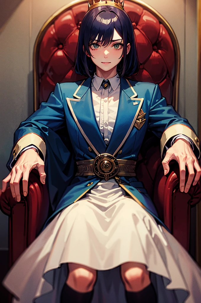 A man with dark blue hair, green eyes, He is 40 years old, is older. He wears a crown and is on a throne . evil face