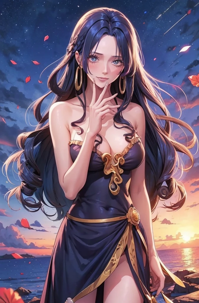 1 girl, (iridescent hair, colorful hair, half blue and half pink hair: 1.2), , blue_sky, holding a magic wand, summer (season), petals_on_liquid, black cloak with hood, red and black torn dress, skirt: 1.2, (gold long curly hair: 1.5), sky, outdoor, clouds, bangs, smile, sky blue eyes, bare shoulders, perfect hands, Hand details, repaired fingers. Earrings, sea + background, looking_at_viewer, cowboy shot, top quality, rich detail, perfect image quality, sunrise