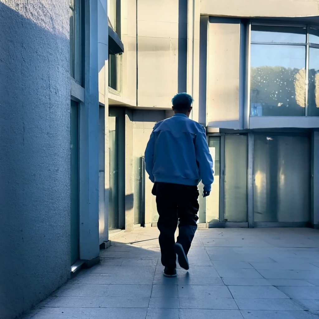 A fat man (blue hair) wearing high male walking at school corridor, full body, wearing shoes, wearing school pants, pov third view person from behind, students