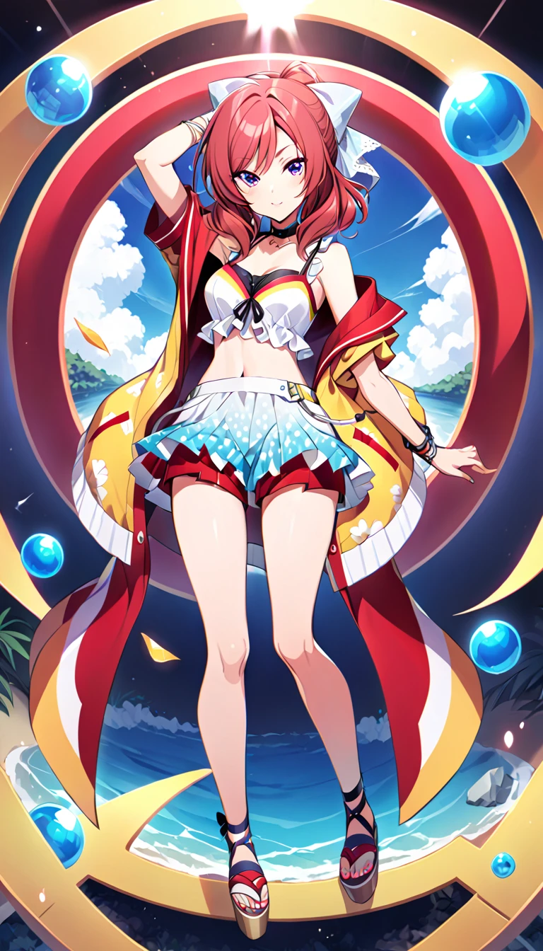 A full-body drawing of one girl, Maki Nishikino, in her summer going-out outfit, id_maki_nishikino