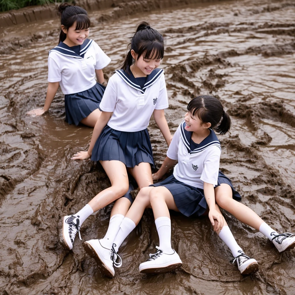 Two girls around 12 years old playing vigorously in the mud。She wears a short-sleeved sailor suit and pleated skirt uniform.。Height about 140cm。looks fun。Buried deep and unable to move。Falling and spreading his legs。