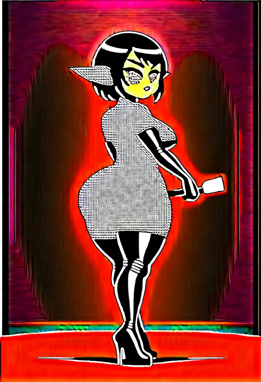 Girl, goblin girl, goblin, green skin, short, short stature,short hair, black hair, large breasts, miniskirt, latex, long gloves, thigh boots, goth, pouty lips, masterpiece, best quality, sexy, dynamic pose, 8k, shortstack, bubble butt, sfw, shiny, fantasy, dungeons and dragons, high heels, fishnets, holding, dark green skin, adventurer, pose swinging large hammer, barbarian