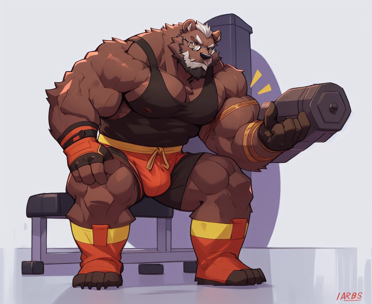 solo, 1boy, Huge Muscular Old Grizzly Bear Daddy wearing glasses , pectoral, huge pectoral, wide pectoral, short white hair, black gym short pants, gloves and wristbands and black tank top , bearded, Mustache, simple background, masterpiece, high detailed, 8k, high resolution, at the gym, light weight